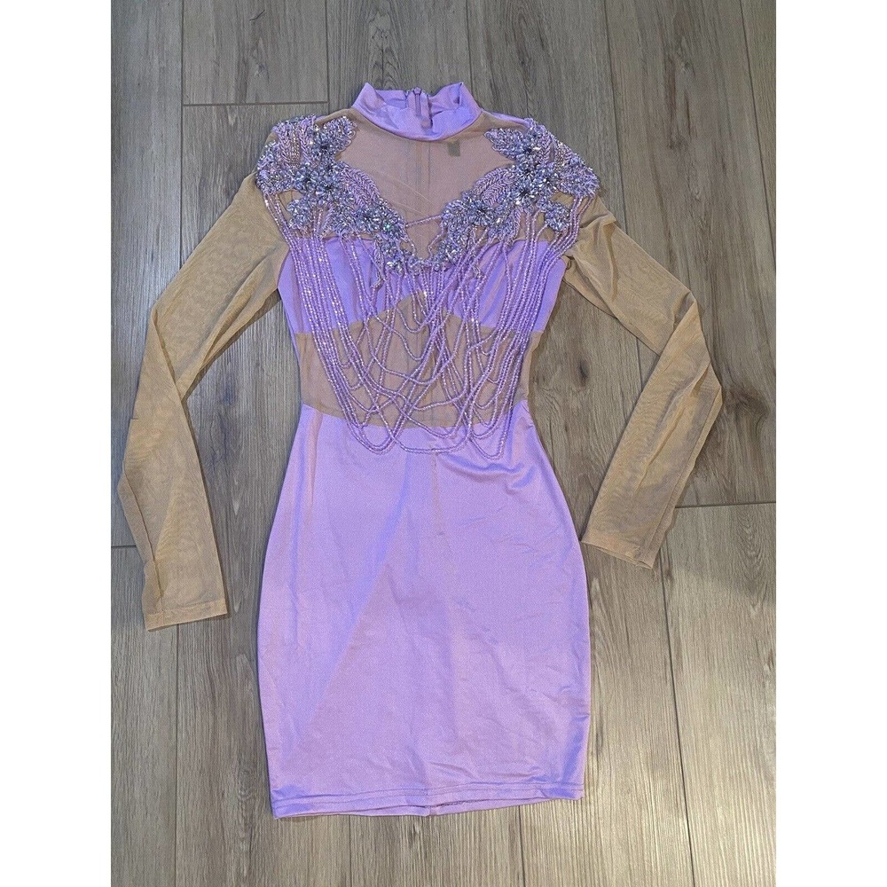 Women's Bodycon Embellished Beaded Long Sleeve Cocktail Dress Small